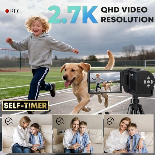 Image of 2.7K Video Camera Camcorder QHD 56MP YouTube Vlogging Camera | 16X Digital Zoom Camcorders Webcam with 32G SD Card 270 Degree Rotation Screen and 2 Batteries Recording While Charging