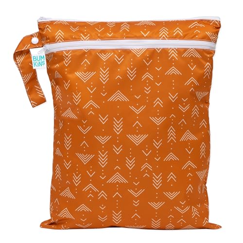 Image of Bumkins Waterproof Wet Dry Bag for Baby, Travel, Swim Suit, Cloth Diapers, Pump Parts, Pool, Beach, Gym Clothes, Toiletry, Hook to Stroller, Daycare, Zipper Reusable Wetdry Packing Pouch, Boho Orange
