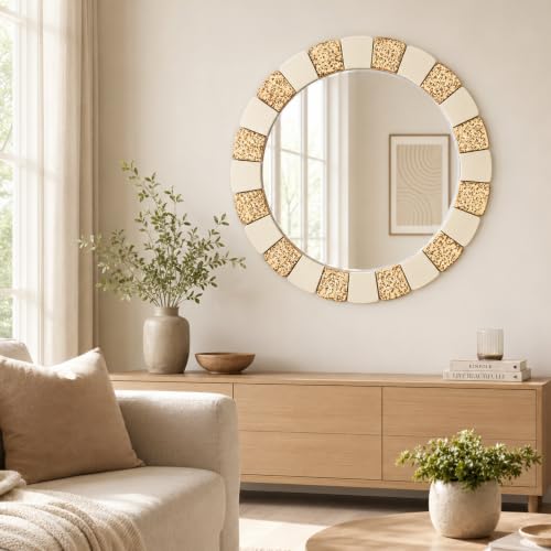 Image of Saliwa 27 Inch Round Bathroom Mirror, Wood Framed Wall Mirror, Rustic Farmhouse Round Mirror for Vanity, Entryway, Living Room, Bedroom and Hallway