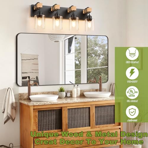 Image of Licperron 4-Lights Farmhouse Vanity Lights for Bathroom, Matte Black Bathroom Light Fixtures with Clear Glass Shade, Rustic Wood Wall Lighting Fixtures Over Mirror for Bedroom, Living Room, Hallway