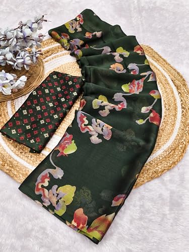 Image of SUPERLAXMI Women's Chiffon Floral Printed Saree with Blouse Piece