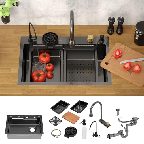 ML-Design Évier Cuisine 68x46 cm Anthracite Acier Inoxydable Multifonction Rectangulaire Encastrable avec Robinet Extractible Distributeur de Savon Accessoires Simple Bac Lavabo Moderne Pratique