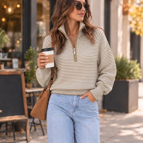 Striped Sweater Women Quarter Zip Sweater Knit Long Sleeve Fall Sweaters - image 2