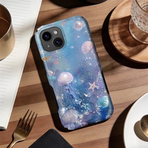 Coque rigide iPhone 15 méduse bleu protégeant des chutes avec silicone MagSafe