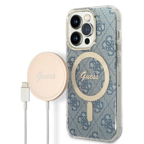 Guess Bunddeln GUBPP14XH4EACSB Coque et Chargeur iPhone 14 Pro Max 6,7" Coque Rigide Bleue Impression 4G