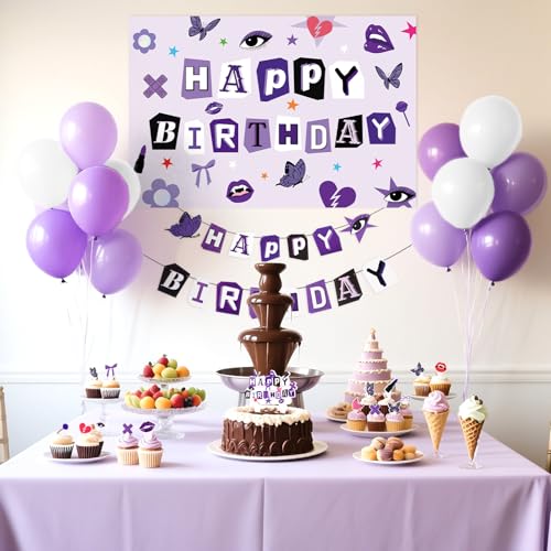 Image of Grencian Purple Birthday Decorations for Women Girls Happy Birthday Backdrop Banner Balloons Cake Toppers for Music Fans Gathering Themed Celebrations Purple Party Supplies