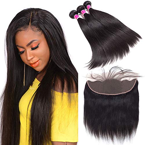 Funky girl Hair Ear to Ear Lace Frontal with 3 Bundles (14 16 18 + 12 Frontal) 8A Brazilian Unprocessed Virgin Straight Human Hair Extensions Weave Natural Color