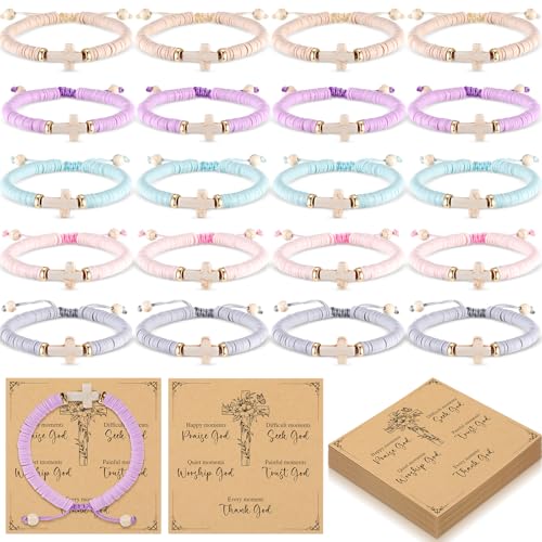 20 Sets Clay Beaded Cross Bracelet Bulk for Women Men Adjustable WWJD Christian Bracelet for Sunday School Halloween Gifts