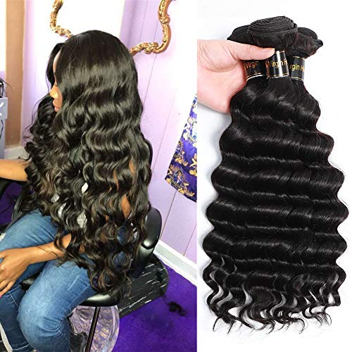 Loose Deep Wave Human Hair 14 16 18inch Brazilian Deep Curly Hair Bundles (300g/10.5oz,Natural Black) 100% Unprocessed Brazilian Virgin Hair Loose Deep Wave Human Hair Weave Bundles