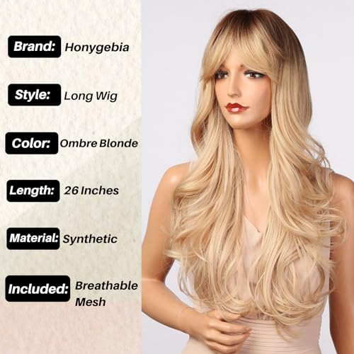 Honygebia Blonde Wig with Fringe, Long Wvay Ombre Blonde Wigs for Women Synthetic Heat Resistant Natural Looking Blond Hair - Image 3