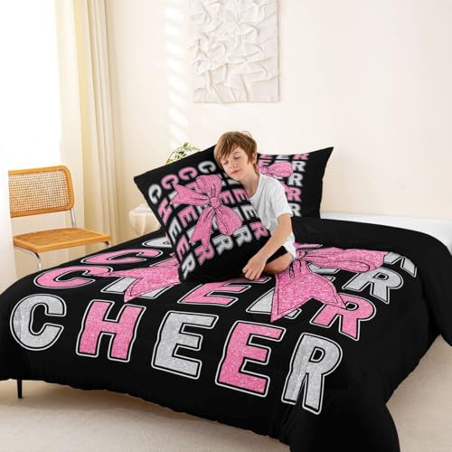 Image of Feelyou Pink Bowknot Cheer Comforter Set All Season Cheerleading Bedding Set with 1 Pillow Cases Glitter Cheerleader Microfiber Kids Twin Bedclothes Cheer Bow Bedroom Decor Duvet Quilt Soft
