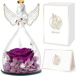 Mothers Day Rose Gifts for Mom, Angel Rose Gifts for Grandma, Preserved Flower Gifts in Glass Angel Figurines, Purple Real Rose Gifts for Wife on Mothers Day Anniversary, Birthday Gifts for Women
