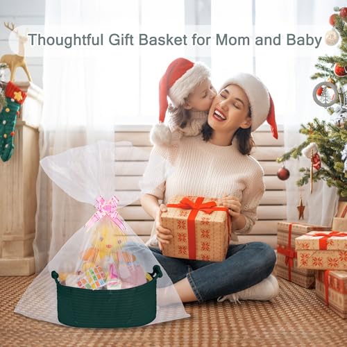 Image of COMSE Small Gift Basket Empty with Bag & Ribbons, Solid Dark Green