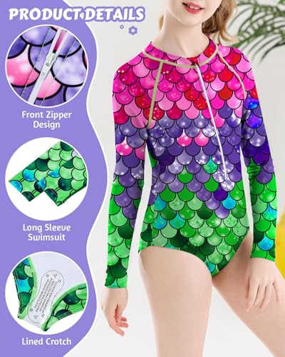 Image of Century Star UPF 50+ Girls Long Sleeve Swimsuit - Rash Guard Swimsuit Toddler Kids Teen One Piece Bathing Suit Zip 2-15Y