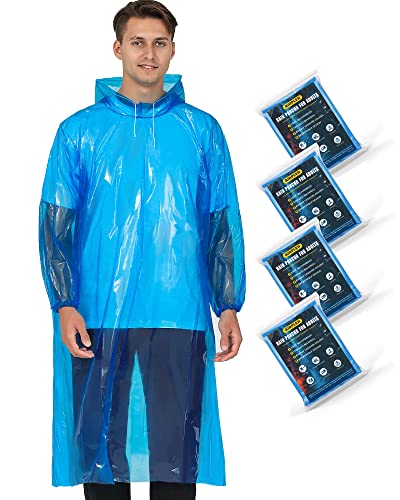 Airpler Ponchos Family Pack, Rain Ponchos for Adults 4 Pack (Blue) - Disposable Emergency Rain Ponchos for Women and Men with Drawstring Hood