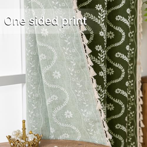 Image of Olive Green Floral Curtains 54 Inch Long for Living Room, Bedroom, 2 Panels Boho Farmhouse Vintage Tassel Semi Sheer Privacy Window Curtains Drapes with Rod Pocket