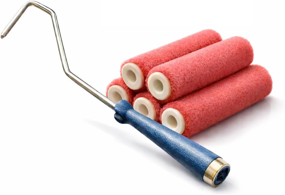 Premium 4-Inch Mohair Mini Paint Roller 6pc Set. 4" Mini Roller Frame + 5 Pack, Lint-Free & Shed-Resistant for Smooth Finishes – Ideal for Cabinets, Trim & Doors – Works with All Paints & Stains