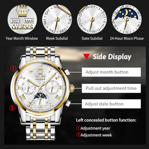 Image of OLEVS Mens Automatic Watch Mechanical Self Winding Luxury Business Dress Moon Phase Stainless Steel Calendar Wrist Watches for Men Waterproof Luminous