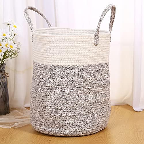 Laundry Basket Cotton Rope Baskets with Handles, Set of 3, Multi-Color (White ash splicing)