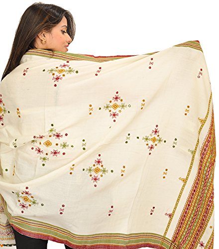 Image of Exotic India Women's Kutch Wool Shawl (SHV95--beige)