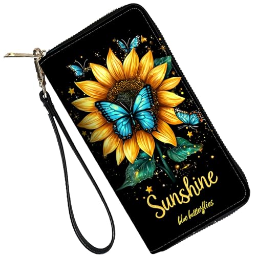 Image of RFID Blocking Leather Wallet for Women - Large Capacity Zip Around Clutch with 8 Card Slots,43 Cash Pockets & Coin Zipper,Blue Butterfly and Sunflower