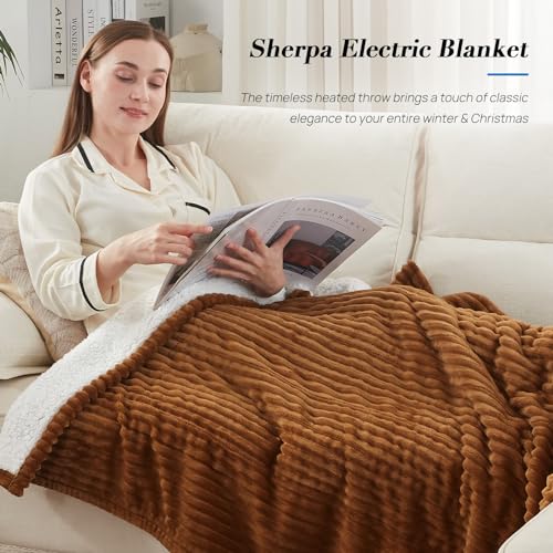 Westinghouse Heated Throw Blanket, Soft Flannel Sherpa Electric Throw with 6 Heating Levels & 2-10 Hours Auto Shut Off, Fast Heating & ETL Certification, Machine Washable, 50x60 Inch, Brown