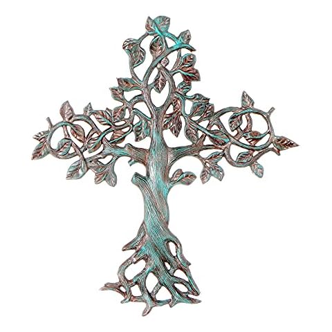 Decorative Tree of Life Metal Wall Cross Spiritual Decorations For Home - Religious Hanging Cross Wall Decor, Best For Home And As A Gift - Handmade Patina Finish Wall Art, 14.25" x 16" by ABY DECOR Cover