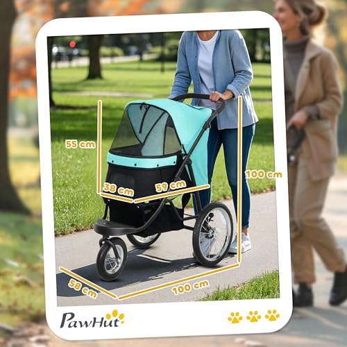 PawHut Hundewagen Jogger Hundebuggy klappbar für kleine Hunde & Katzen bis 10 kg Katzenbuggy mit 3 große Gummiräder, Kissen Netzfenstern Aufbewahrungskorb Katzenwagen mit Sicherheitsleinen, Türkis