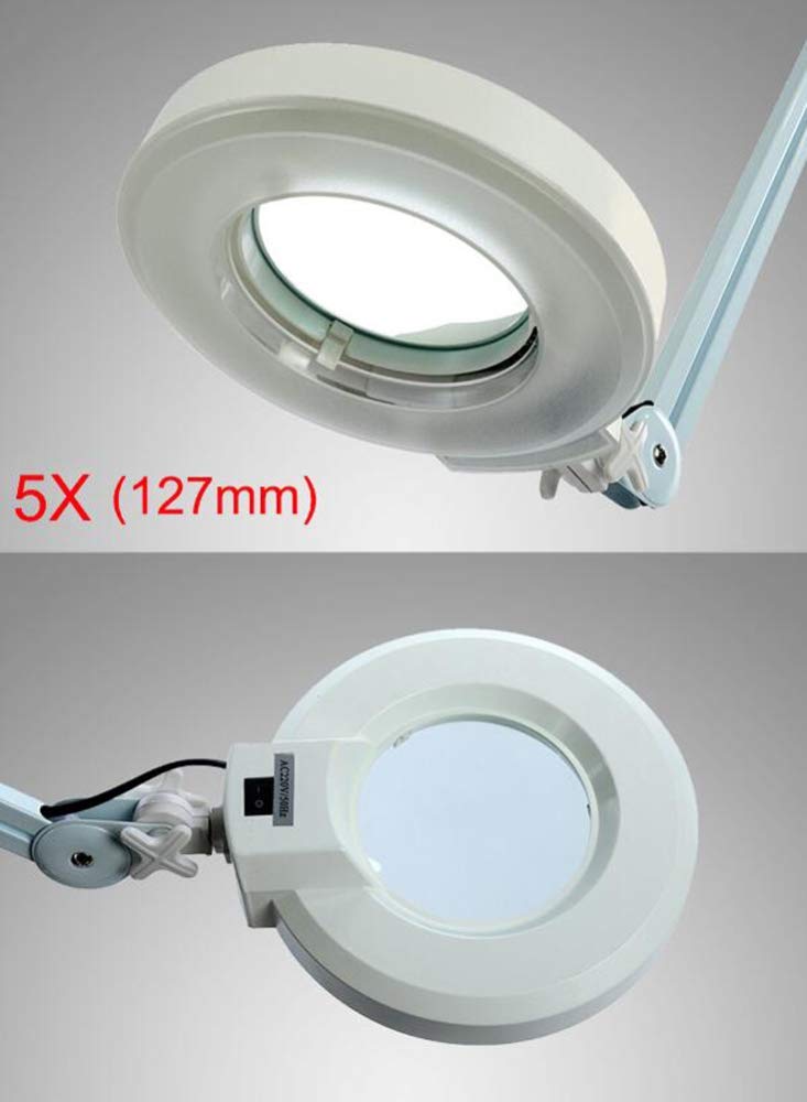 Szkło powiększające, 5X lampa powiększająca, lupa na twarz ze szklaną soczewką LED, regulowana podpórka podłogowa z kołami i obrotowym ramieniem do salonów kosmetycznych, manicure, tatuażu i