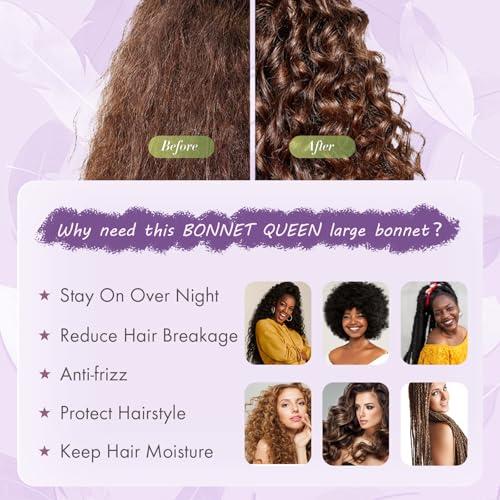 Image of BONNET QUEEN Silk Bonnet for Sleeping Satin Bonnet Women Hair Wrap Night Sleep Cap Scarf Wrap for Curly Hair with Tie Band, Large, Purple
