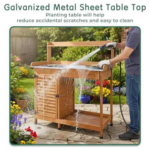 Potting Bench Table Work Bench with Storage Cabinet Outdoor Wooden Garden Workstation with Metal Tabletop/Drawer/Hooks/Open Shelf(41\" LX 12.5\" W X 49.2\" H)