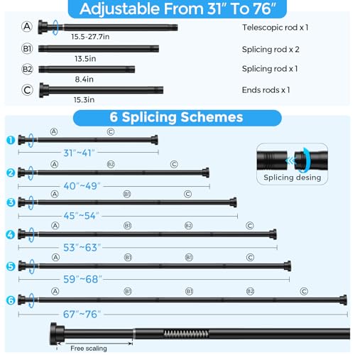 Image of Shower Curtain Rods 31-76 inch 2Pcs Black Spring Tension Rod Adjustable