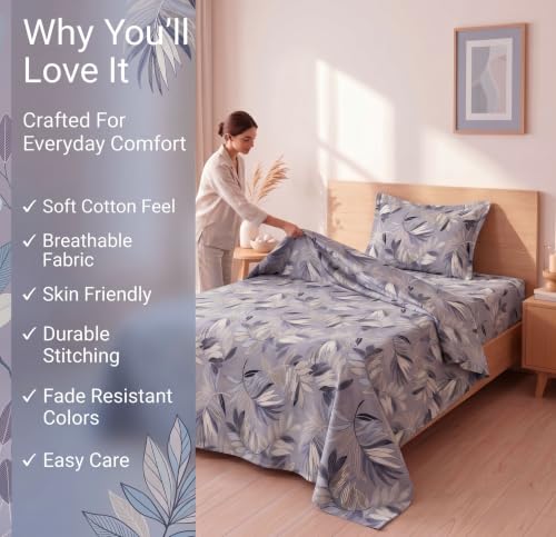 Image of BSB HOME 210 TC Cotton Feel Single Bedsheet with 1 Pillow Cover, Soft & Breathable Floral Printed Bed Sheet, Fade Resistant, Bedding for Home & Bedroom, 60 x 90 Inches (152 x 229 cm) (Mineral Grey)