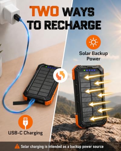 Image of Solar Charger Power Bank - 49800mAh Solar Phone Charger with USB-C in /Output, QC 3.0 Fast Charging with LED Flashlight, Built-in 4 Cables, IP65 Waterproof Fits for Outdoor (Bright Orange)