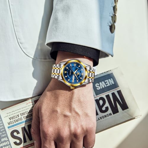 OLEVS Men's Stainless Steel Watch, Large Face Roman Numerals Diamond Accented Three-Hand Analog Quartz Watches for Men, Easy to Read Day Date Waterproof Luminous Mens Wristwatch3