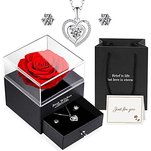 mizikuu Rosa Caja de Joyería con Collar, Rosa Eterna con Collar y Aretes Románticos Flores preservadas Rosa de Seda Roja Regalos para Día de Día de la Madre,Cumpleaños, Aniversario Navidad Cover