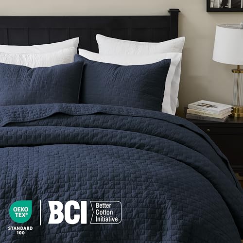 Image of palassio Navy Blue 100% Cotton Quilt Queen Size Bedding Sets with 2 Pillow Shams, Textured Lightweight Soft Bedspread Shabby Chic Coverlet, Quilted Comforter Bed Cover for All Season, 3 Pieces