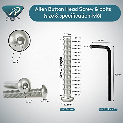 Image of Rely⇒VP INDUSTRIES (Pcs-25) M6X16 mm Button Head Cap Screw Stainless Steel Grade 304 | Allen Round Mushroom Head Screw with Allen Key 1 Pc