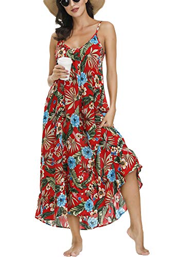 Buenos Ninos Women's V Neck Floral Maxi Dress Boho Printed Adjustable Spaghetti Strap Ethnic Beach Long Dress With Pockets Xl Red Dress #TOP15