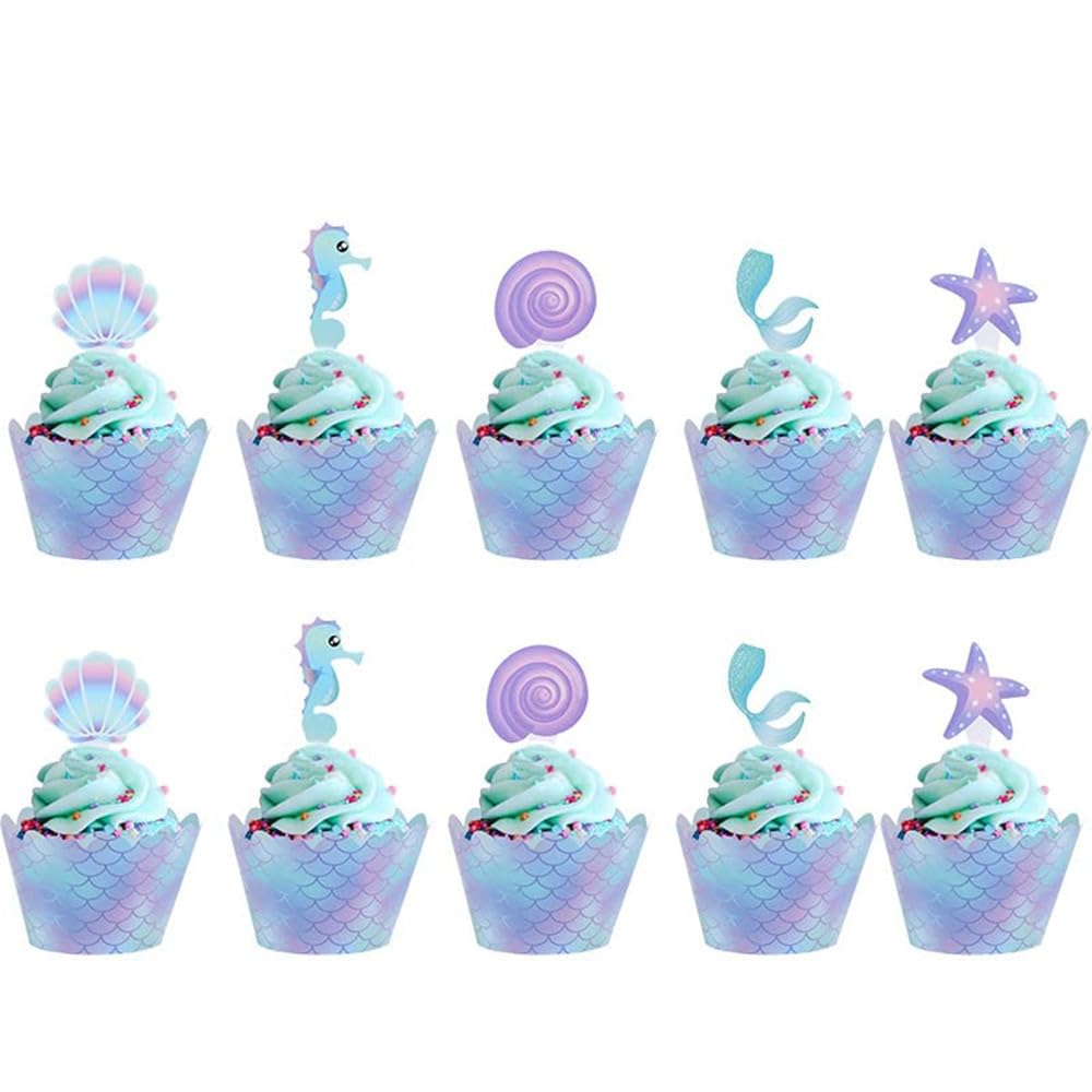40 Pcs Mermaid Double Side Cupcake Toppers and Wrappers, Little Mermaid Theme Decoration Baby Shower Under The Sea Birthday Party Favor