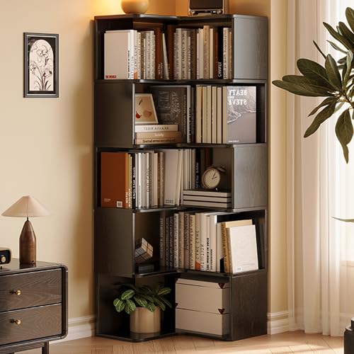 Estantería esquinera de madera maciza, unidad de almacenamiento multicapa con bordes redondeados, estantes compactos y sujetalibros externos para espacios pequeños (35.4 pulgadas)