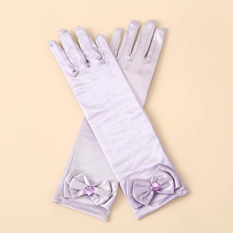 Girls Princess Gloves,Girl White Long Satin Princess Dress Up Diamonds Bows Gloves for Birthday,Wedding, Costume Party,Purple4