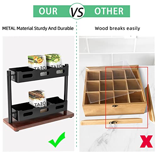 Tea Bag Organizer, 2 Tier Tea Bags Organizer Holdr Holds 50 Teabags, Solid Wood Vertical Tea Storage, Tea Rack For Tea Bags, Countertop, Black #TOP1