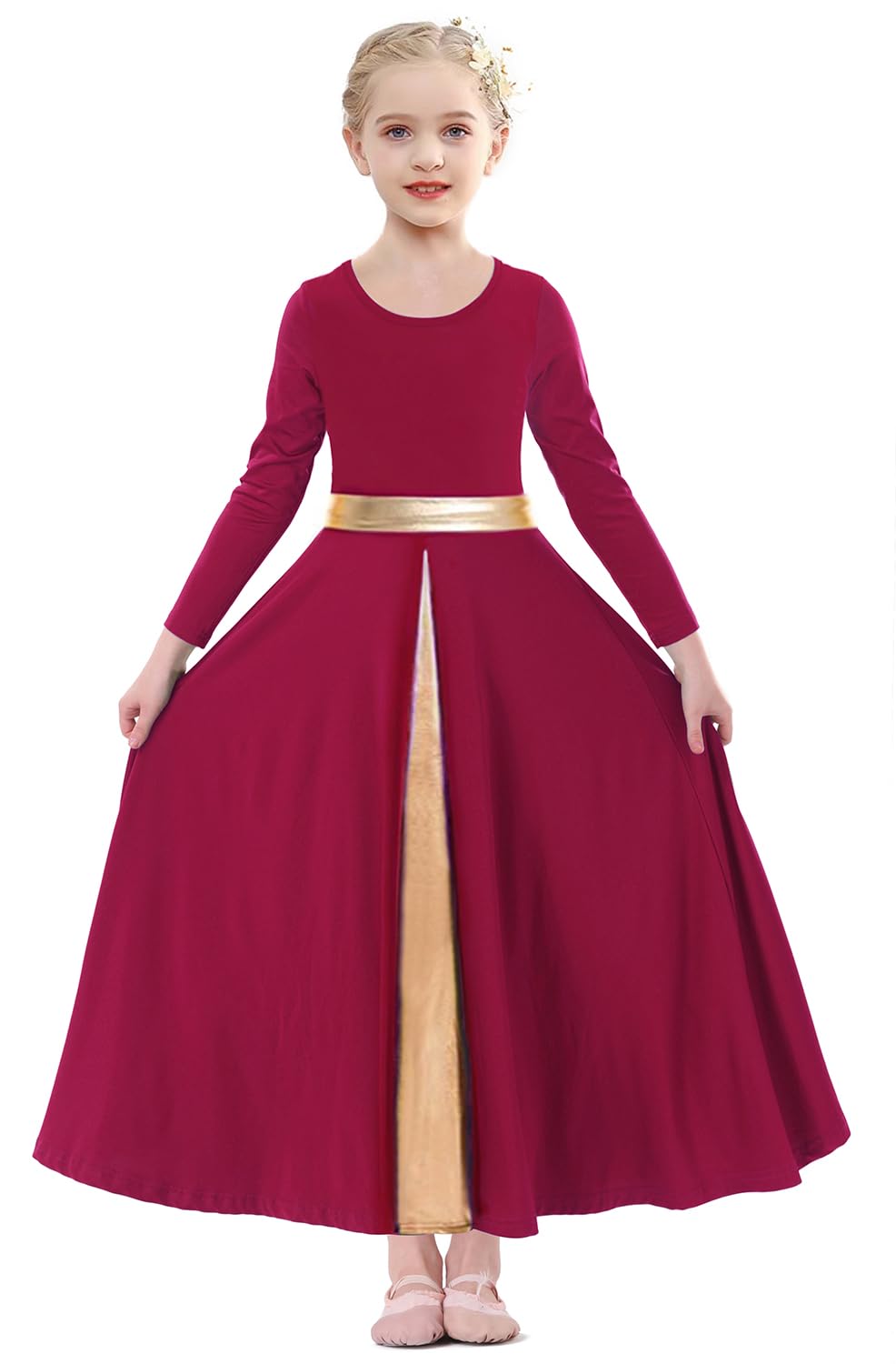 ELLYDOOR Girls Long Sleeve Praise Dance Dress Swing Skirt Liturgical Worship Costume Church Robe Dancewear