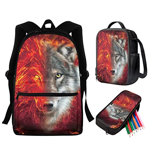 Set di 3 zaini con gatto per ragazze e bambini con borsa per il pranzo e matite set da 3 pezzi per libri elementari zaino per scuola prescolare Fiamma di lupo Taglia unica Zaini Daypack