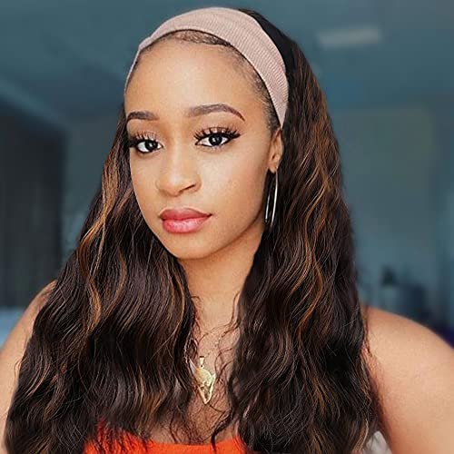 Civrie Loose Deep Wave Headband Wig , 14 inches Short Curly Highlight Brown Headband Wigs for Black Women, Glueless Machine Made Wig with Headband (Loose Wave)