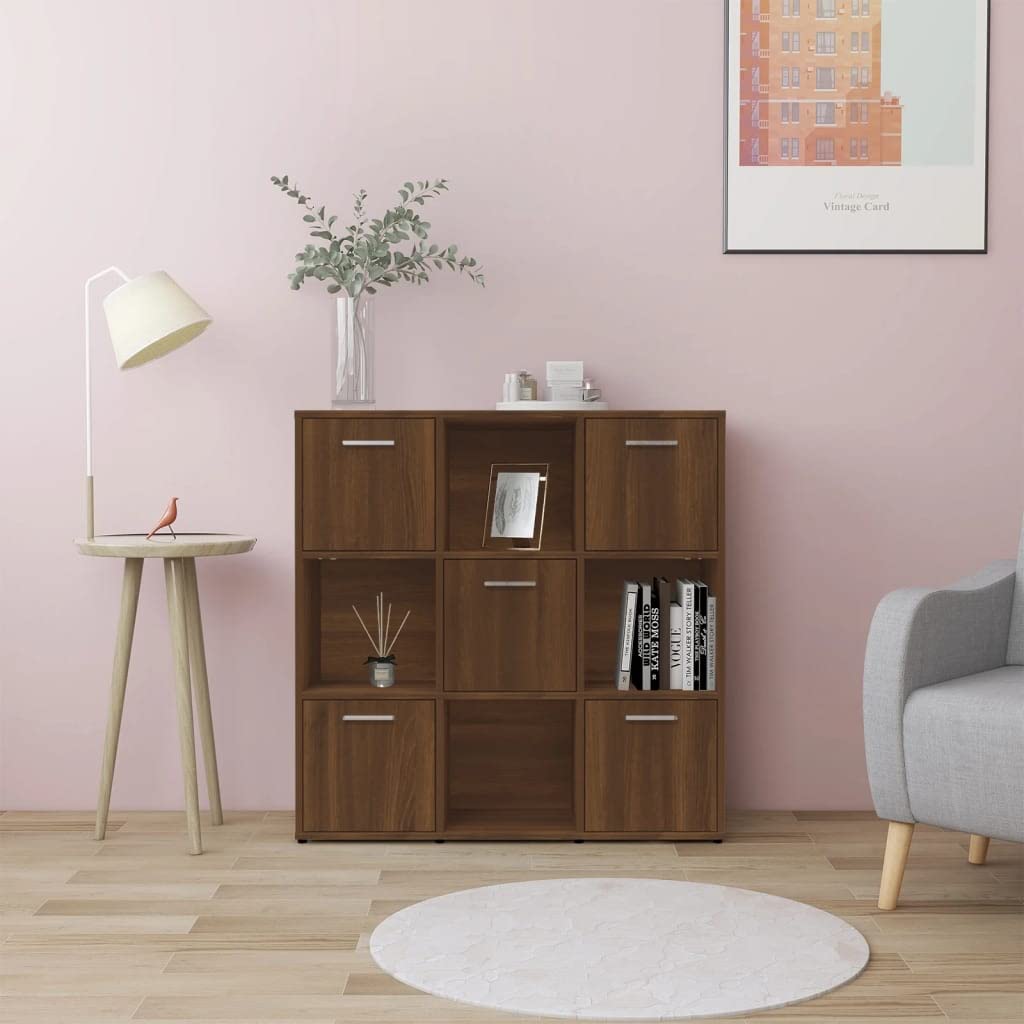Générique Bibliotheque Chene brązowy 90x30x90 cm Wood Ingenierie | 9 przegródek, 5 drzwi, przechowywanie książek DVD, solidny top, mocowanie ścienne w zestawie