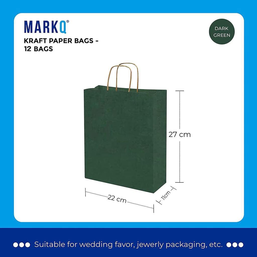 MARKQ 12 Bags Dark Green Paper bags with handles 27 x 22 x 11 cm | Large Kraft Gift bags for Birthday Party Favors, Weddings, Retail, Baby Shower