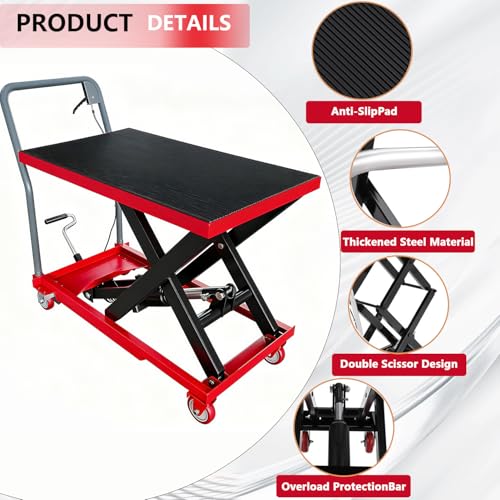 Image of Hydraulic Lift Table Cart, 330 LBS Load Capacity 28.5 in Lifting Height, Manual Single Scissor Lift Table with Non-Slip Pad and 4 Wheels,Hydraulic Scissor Cart (330 LBS - Single - Red Black)