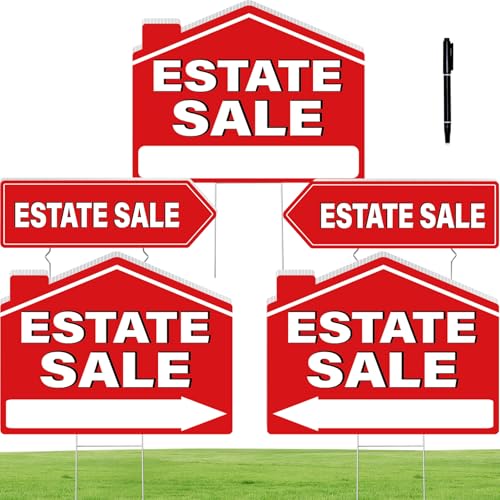 Estate Sale Signs 5 Pack 17x13 Estate Sale Signs with Stakes Double Sided Waterproof Directional Arrows with Metal Stakes for Property Estate Sale Supplies Red